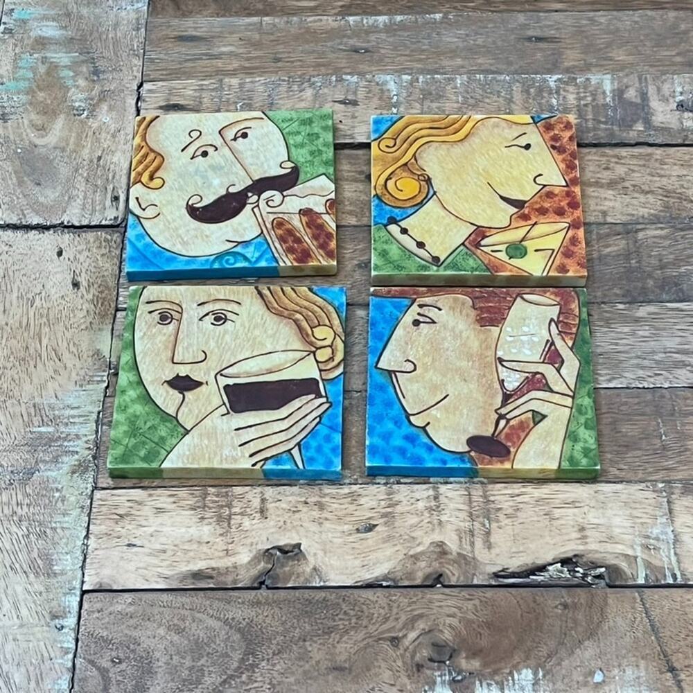Vintage Resin Men & Women With Drinks Fun Cocktail Coasters Textured Set Of 4